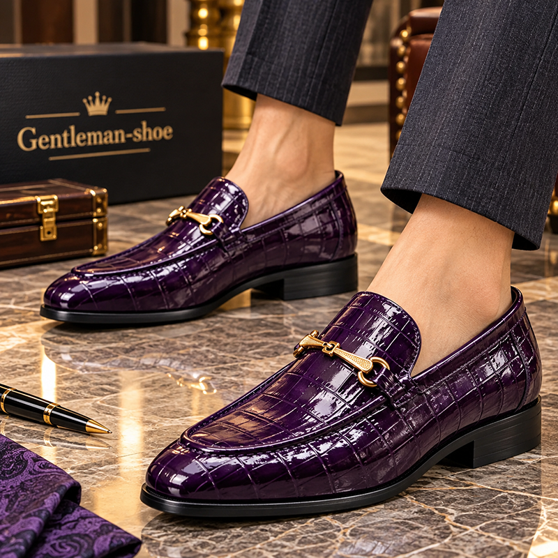 Men’s Crocodile Embossed Loafers with Gold Buckle – Multi-Color Dress Shoes