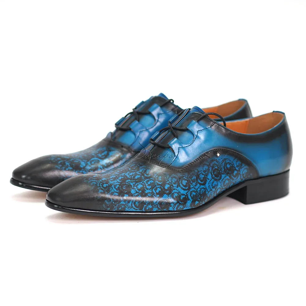 Men's gradient blue printed Oxford dress shoes
