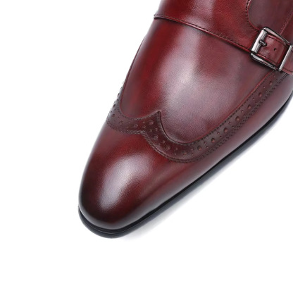 Men‘s Genuine Leather Pointed Toe Double Buckle Monk Strap Shoes
