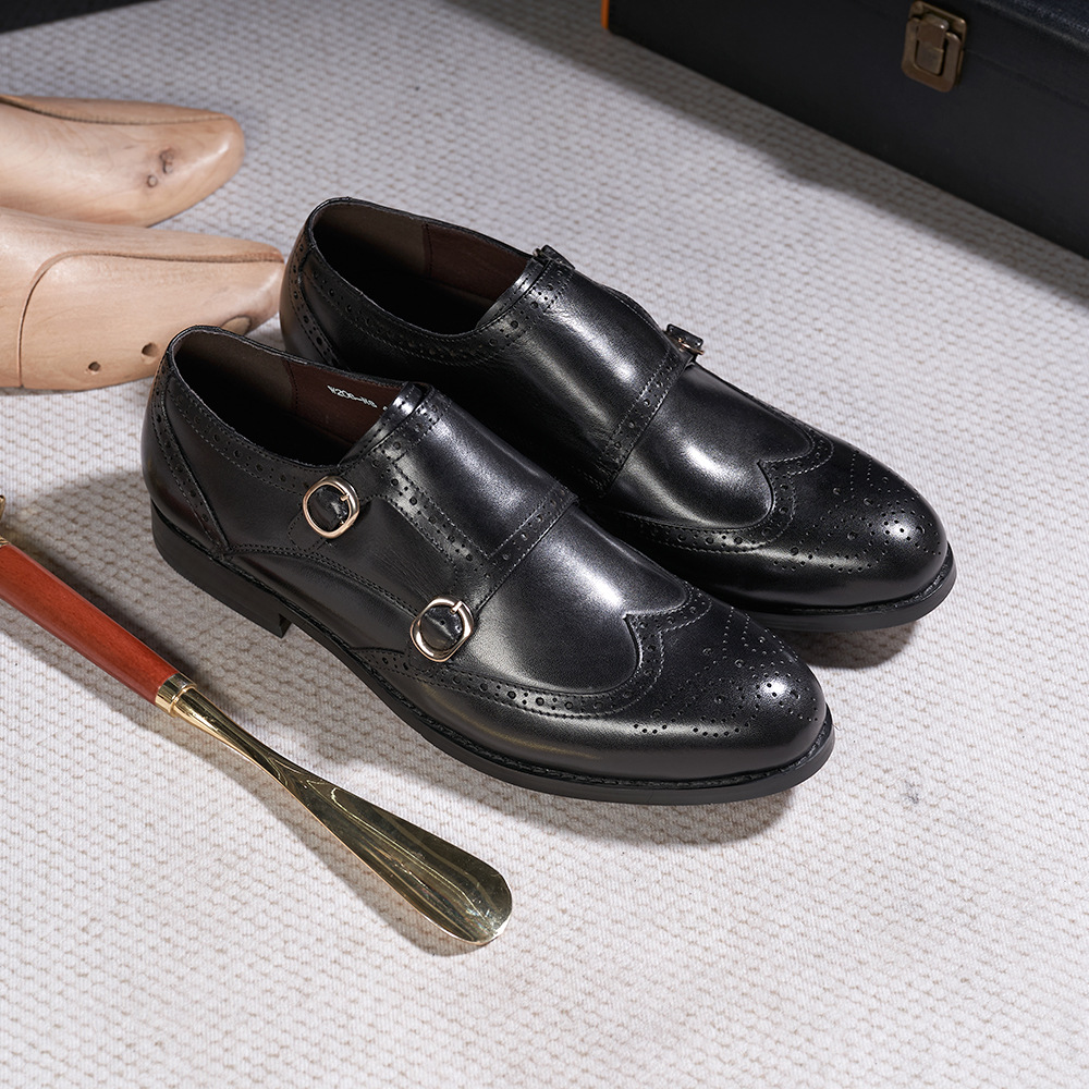 Men's Genuine Leather Brogue Lace-Up Monk Strap Shoes