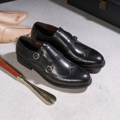 Men's Genuine Leather Brogue Lace-Up Monk Strap Shoes