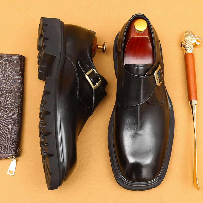 Men's Genuine Leather Square-Toe Wide-Fit Monk Shoes