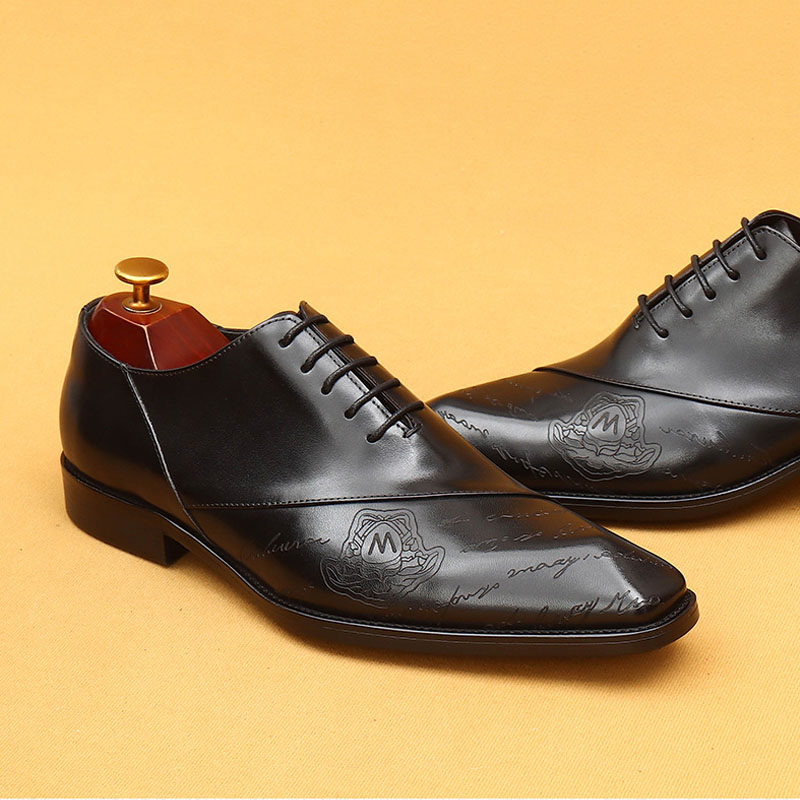 Men's Full-Grain Leather Letter Print Oxford Shoes
