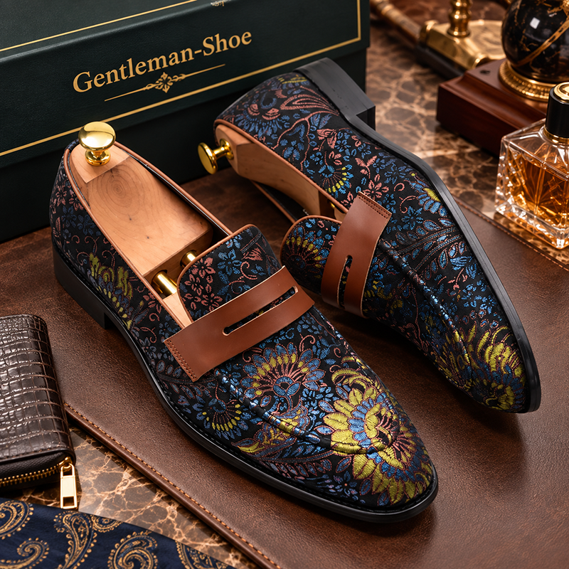 Men's Floral Embroidered Leather Penny Loafers