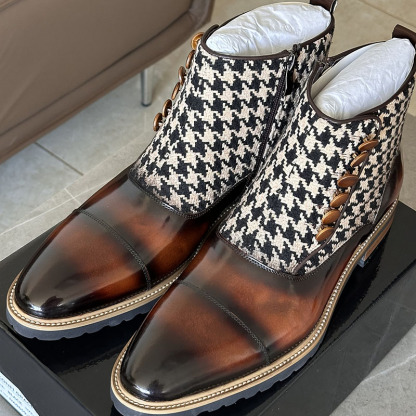Men's Houndstooth Button Chelsea Boots, Vintage British Style Genuine Leather Patchwork Boots