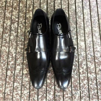 Men‘s Genuine Leather Pointed Toe Double Buckle Monk Strap Shoes
