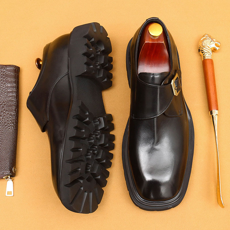 Men's Genuine Leather Square-Toe Wide-Fit Monk Shoes