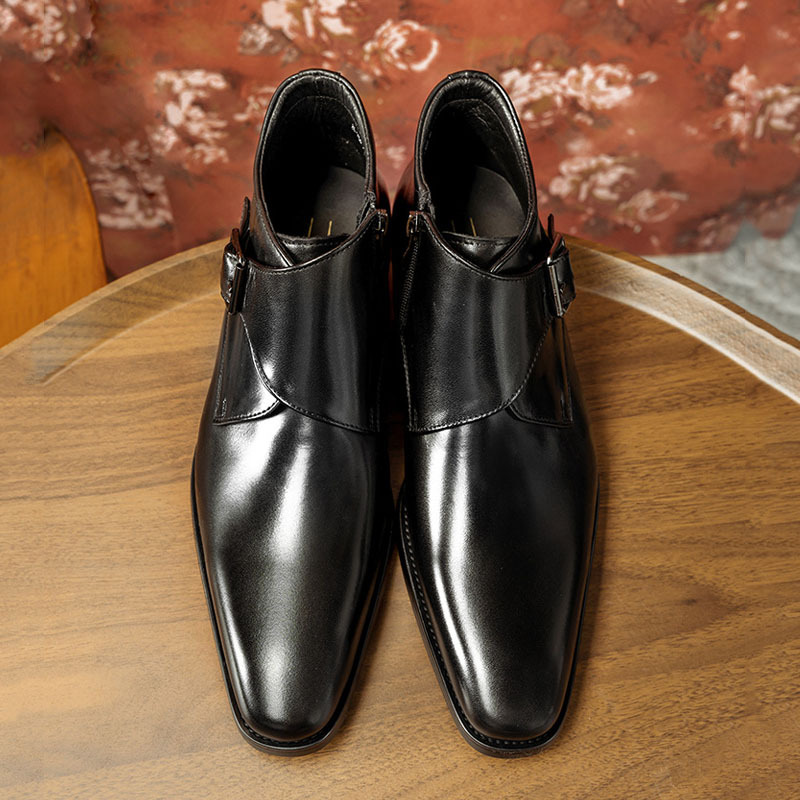 Men's Genuine Leather Square-Toe High-Top Monk Boots