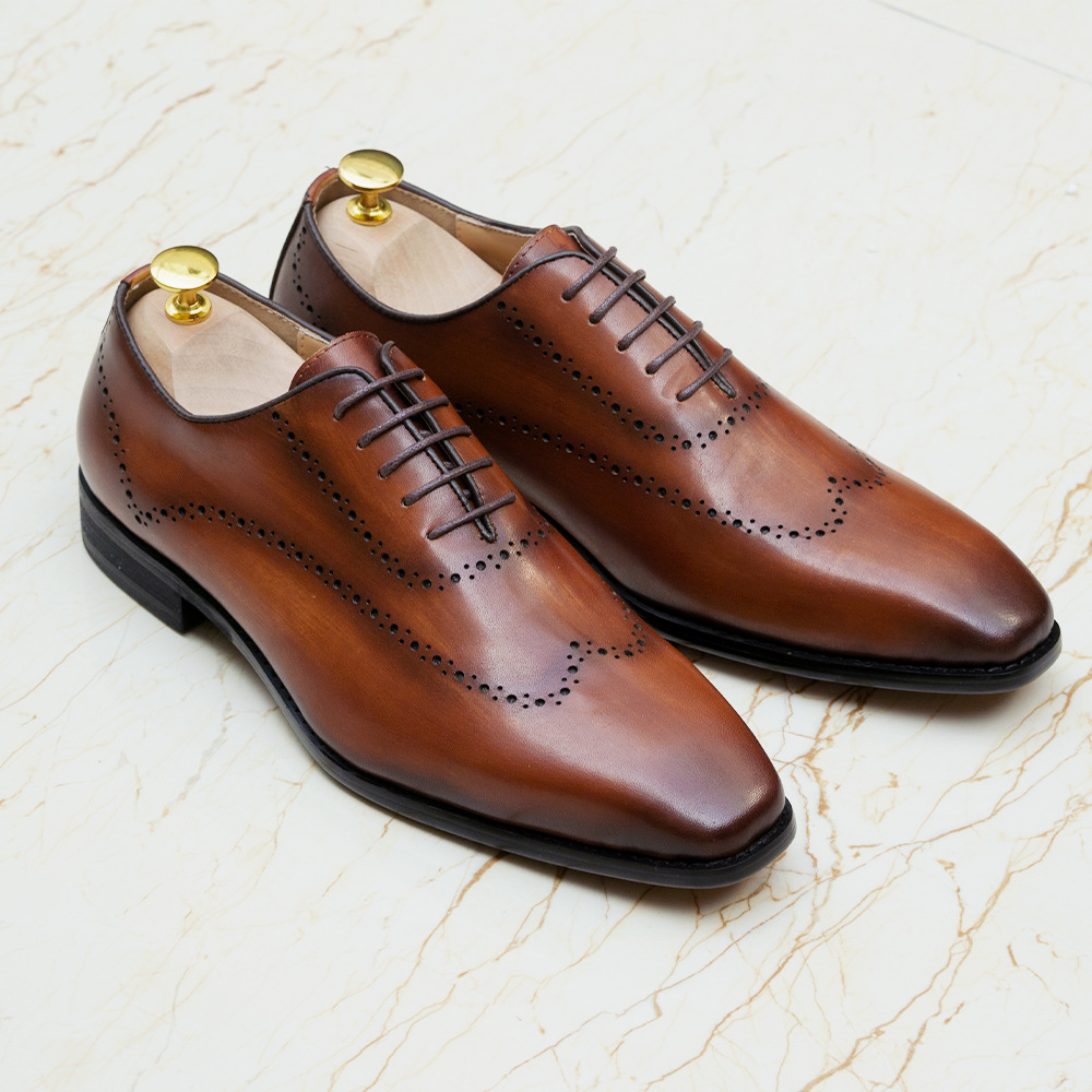 Men's Hand-Burnished Genuine Leather Brogued Formal Square-Toe Oxford Shoes