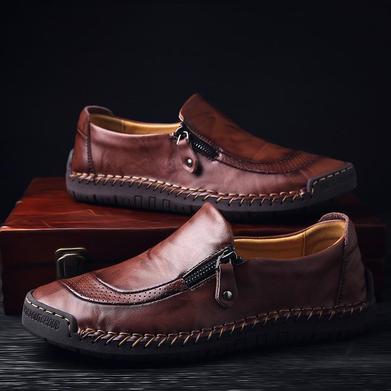 Men Comfy Hand Stitching Leather Side Zipper Slip On Casual shoes