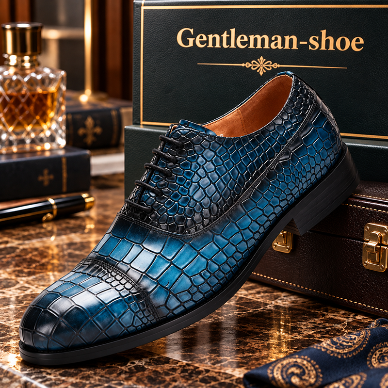 Men's Blue Crocodile Embossed Leather Oxford Shoes