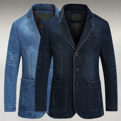 Men's Casual Denim Notch Lapel Patch Pockets Three Button Long Sleeve Blazer