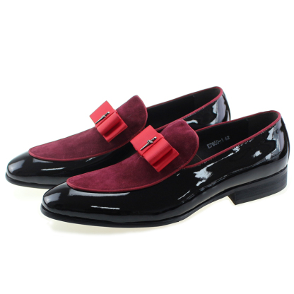 Handmade Genuine Patent Leather And Nubuck Leather Patchwork With Bow Tie Men Wedding Dress Shoes
