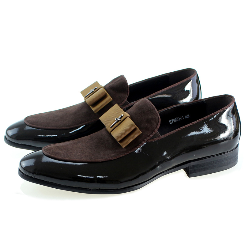 Handmade Genuine Patent Leather And Nubuck Leather Patchwork With Bow Tie Men Wedding Dress Shoes