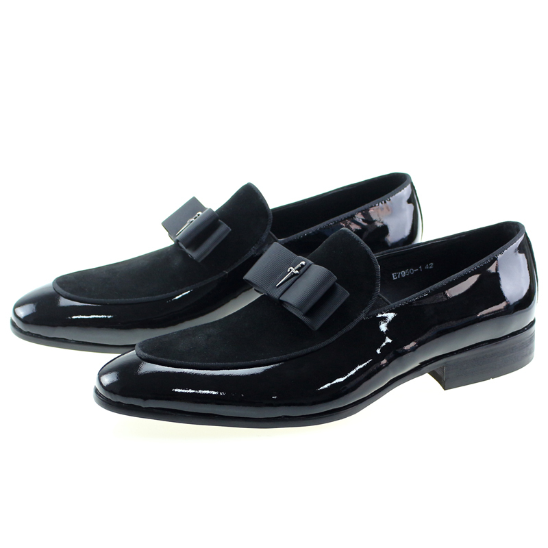 Handmade Genuine Patent Leather And Nubuck Leather Patchwork With Bow Tie Men Wedding Dress Shoes