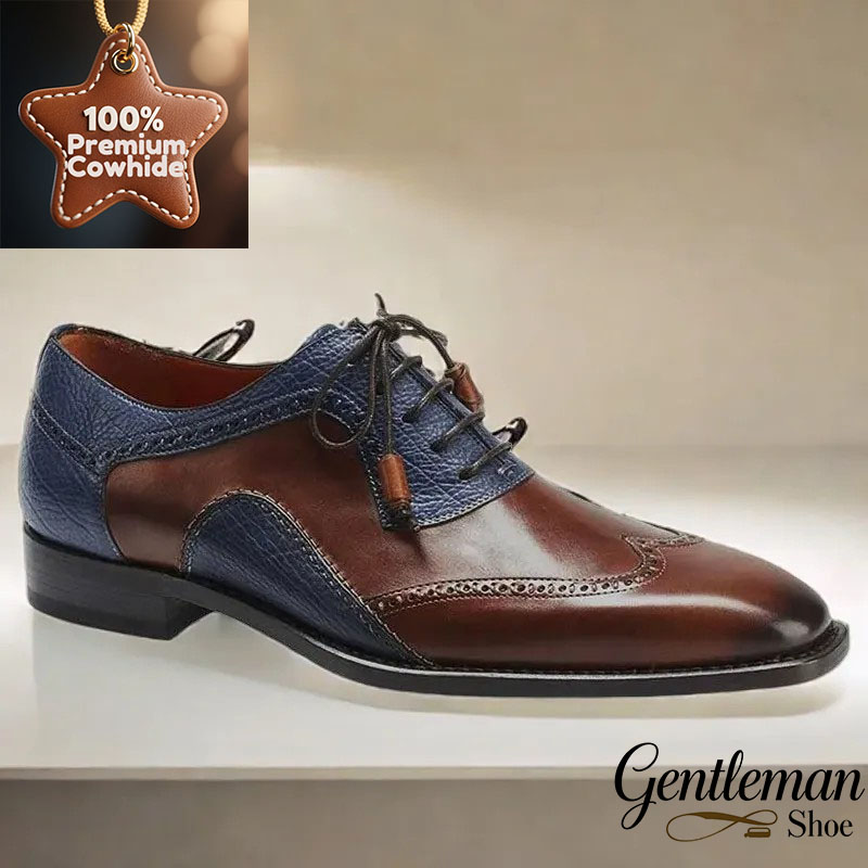 GENTLEMAN-Men's brown and blue leather stitching casual leather shoes