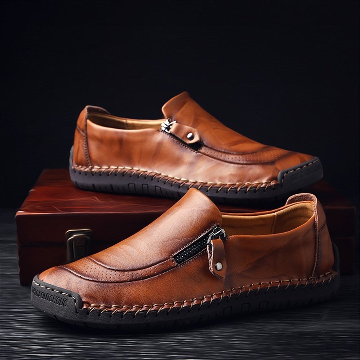 Men Comfy Hand Stitching Leather Side Zipper Slip On Casual shoes