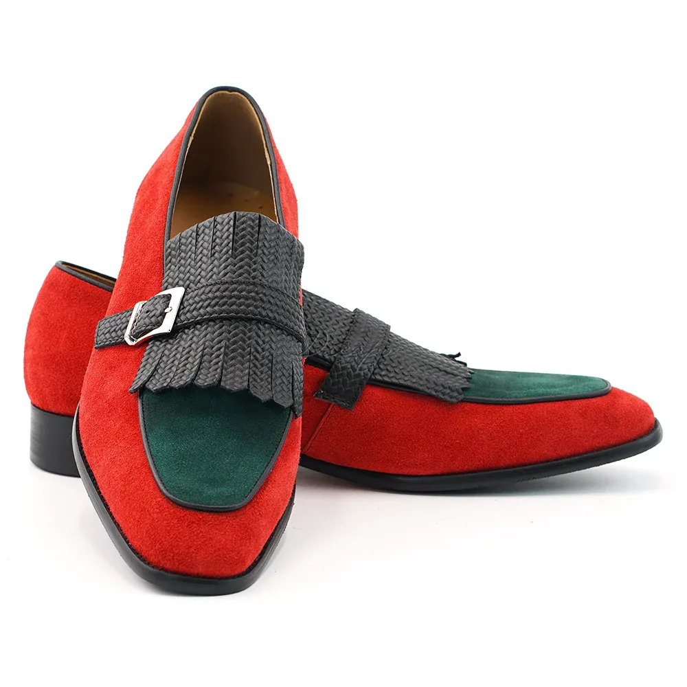 Men's handmade genuine leather woven buckle tassel loafers