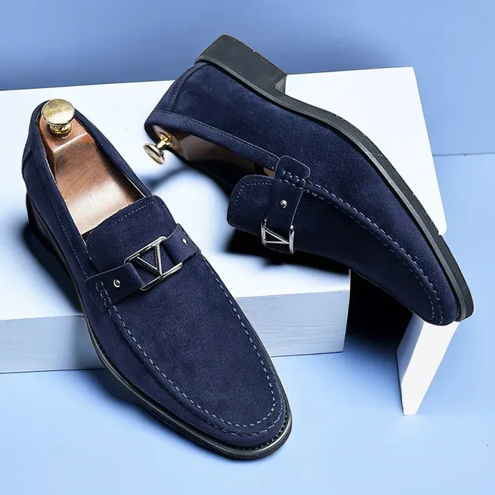 Stylish Navy Blue Loafers with Metallic Buckle Design