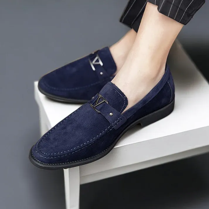 Stylish Navy Blue Loafers with Metallic Buckle Design