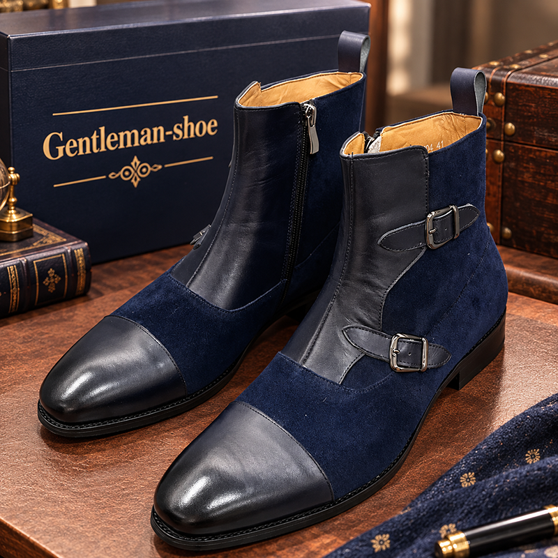 Men's Black Suede & Leather Double-Buckle Chelsea Boots - Sleek Formal Casual Ankle Boots
