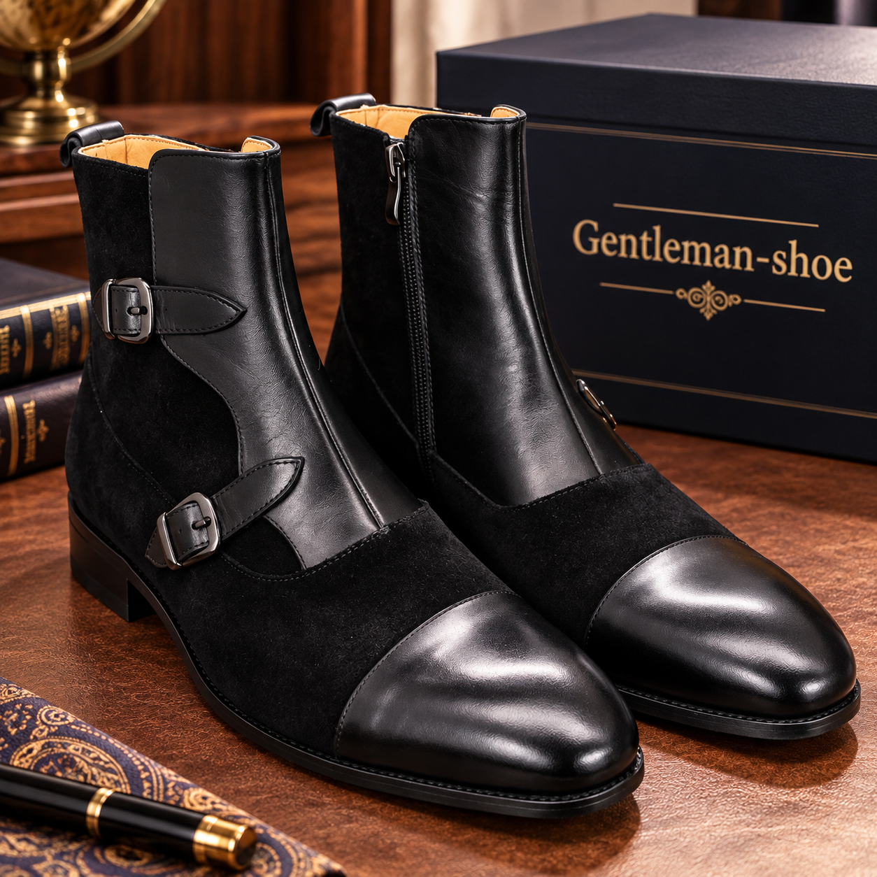Men's Black Suede & Leather Double-Buckle Chelsea Boots - Sleek Formal Casual Ankle Boots