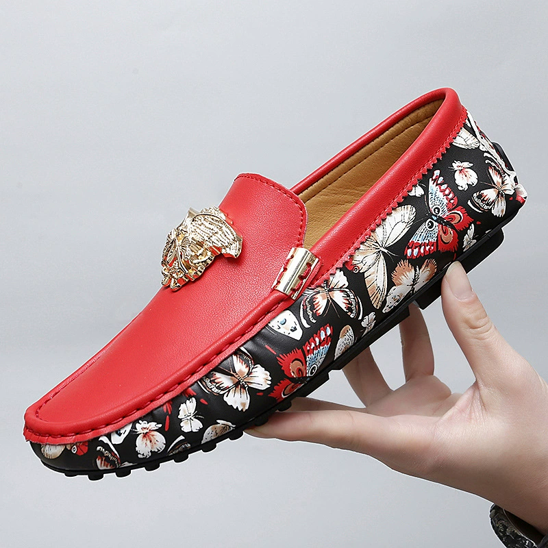 Stylish Black Men’s Loafers with Golden Bee Decoration and Colorful Patterns