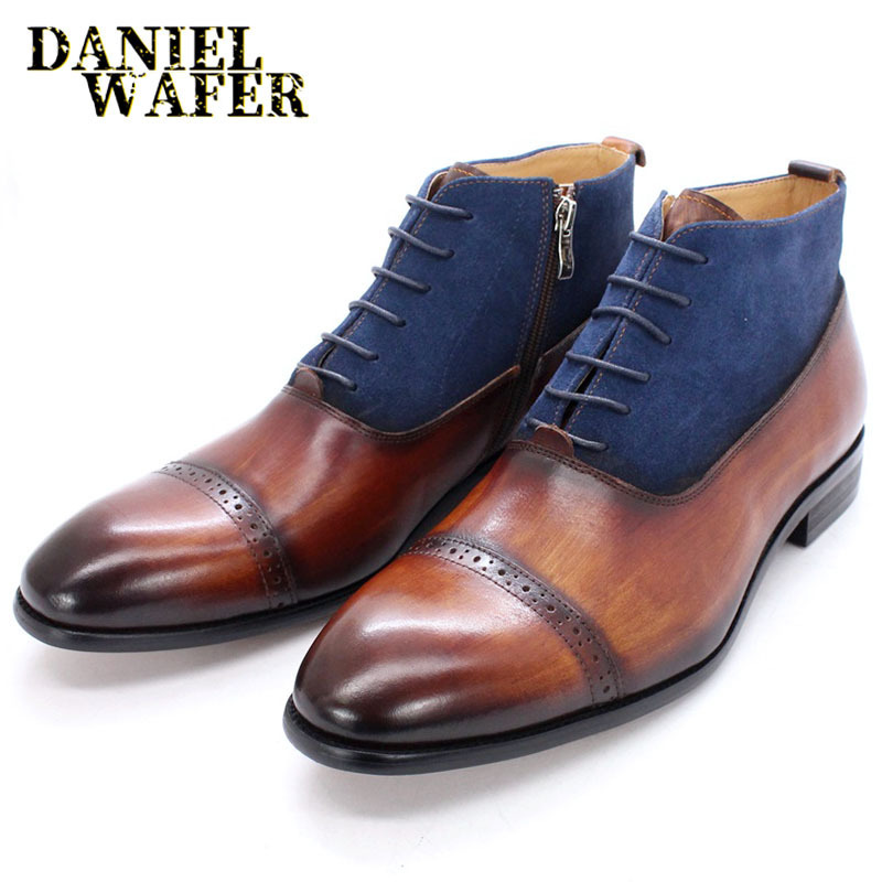 Men's pointed toe ankle boots, handcrafted, high-top, casual vintage style