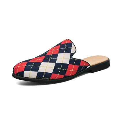 Large size men's colorblock plaid half slippers