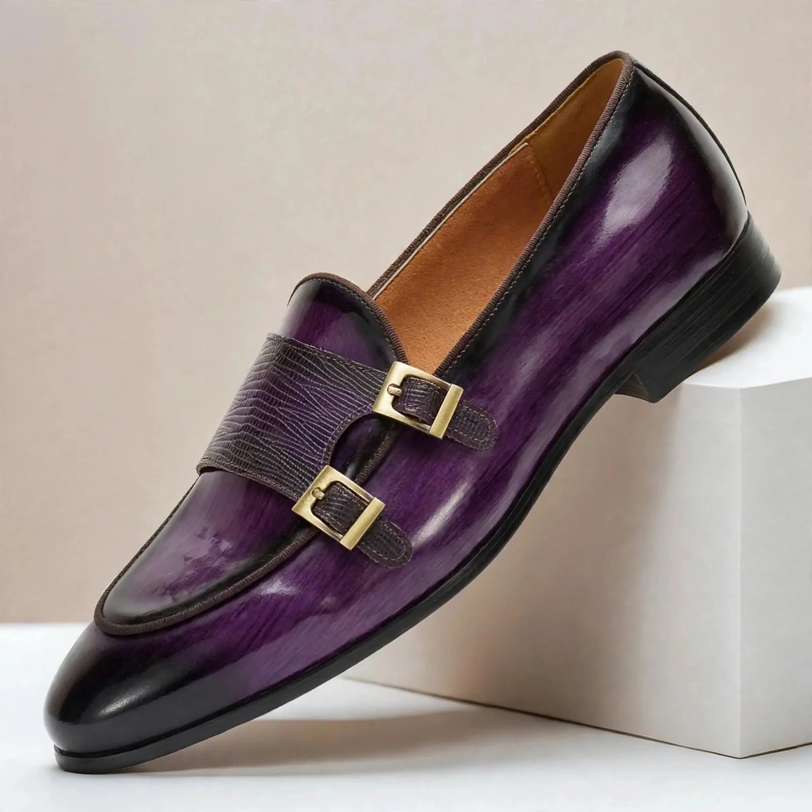 Men’s Genuine Leather Double-Buckle Monk Strap Dress Shoes 