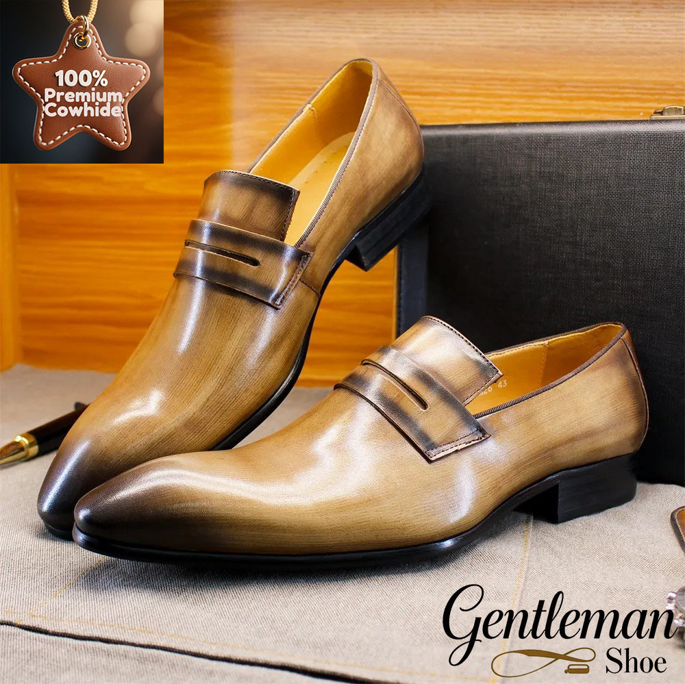 Men's genuine leather loafers light luxury pointed toe business shoes