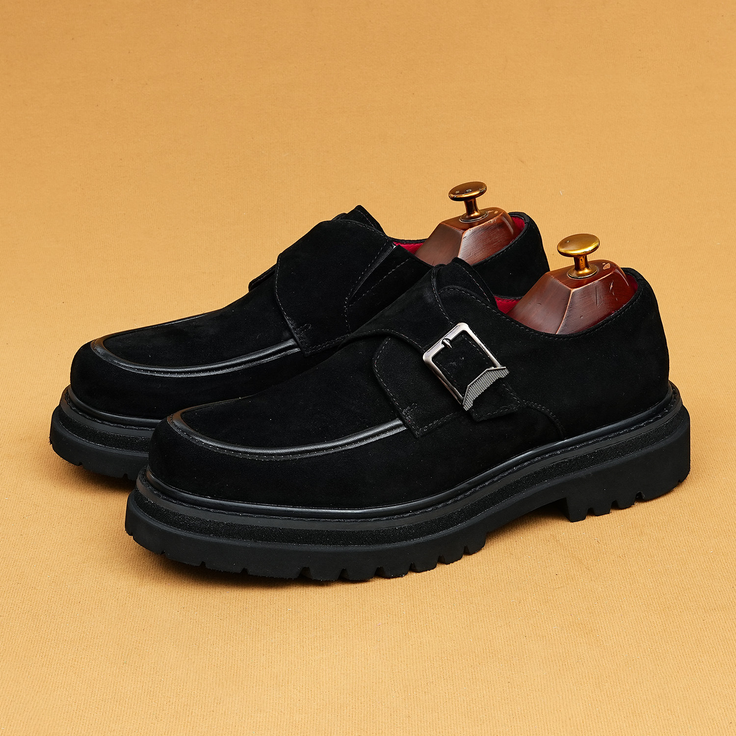Vintage Suede Monk Strap Chunky Platform Buckle Shoes for Men