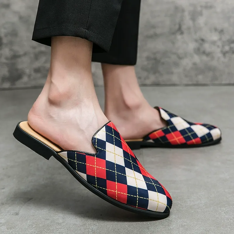 Large size men's colorblock plaid half slippers