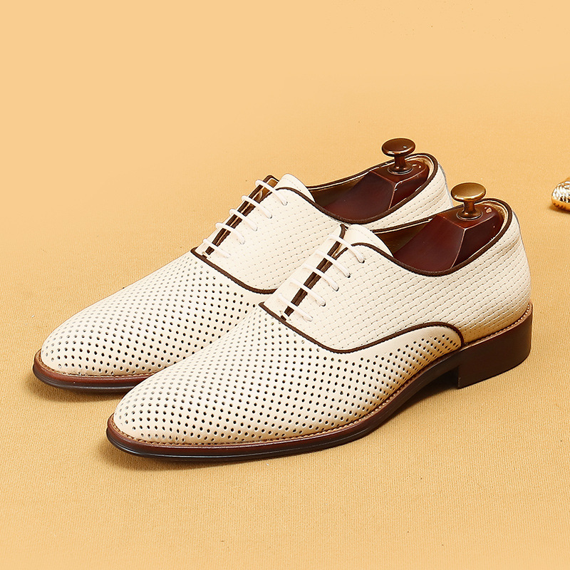 Men's Perforated Leather Dress Shoes - White, Brown, Black