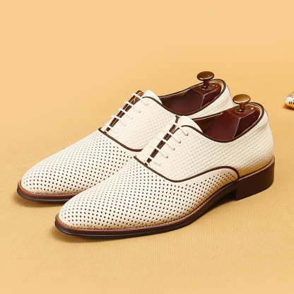 Men's Perforated Leather Dress Shoes - White, Brown, Black