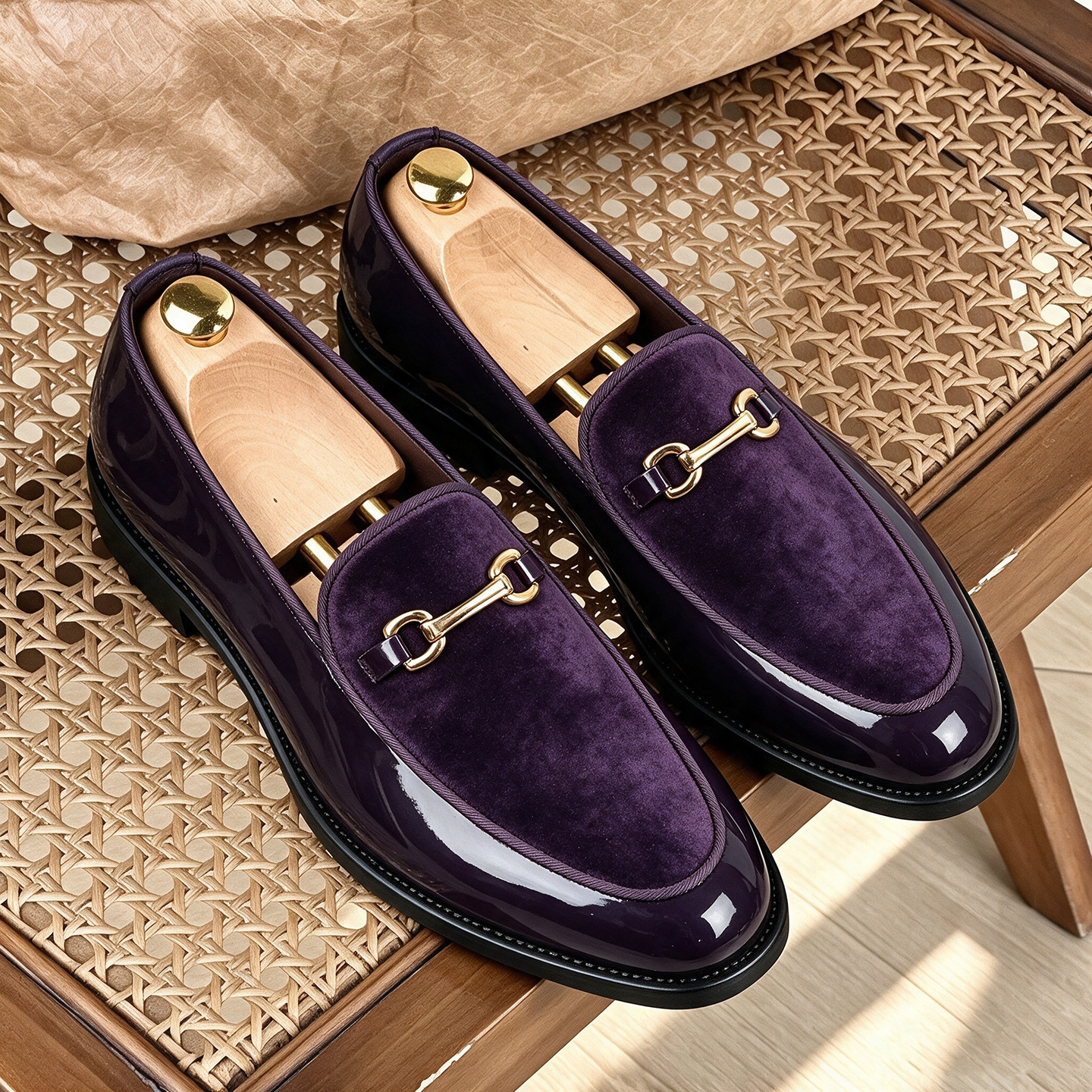 Men’s Velvet & Patent Leather Loafers | Gold Horsebit Ornament Slip‑On Luxury Dress Shoes