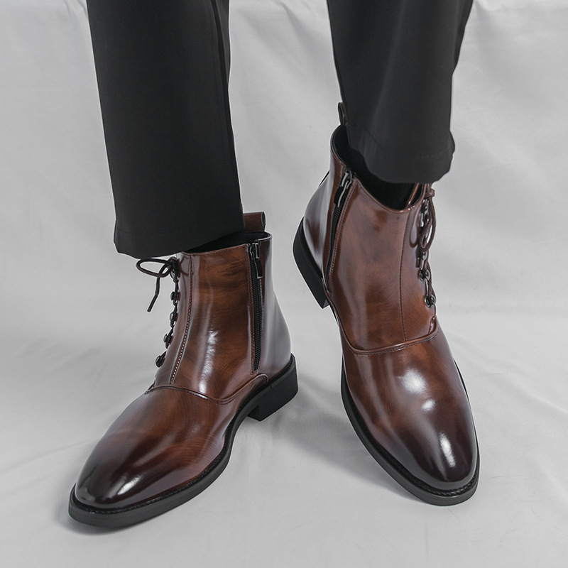 Stylish pointed-toe British-style casual side zipper lace-up men's boots