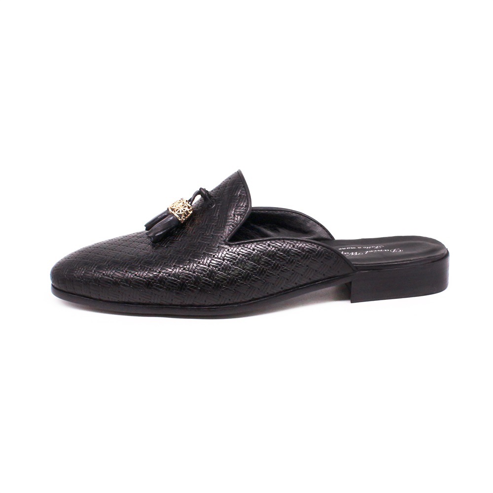 Cross-border Baotou slippers genuine leather tassel outer wear casual leather shoes men's woven pattern embossed summer pointed sandals men