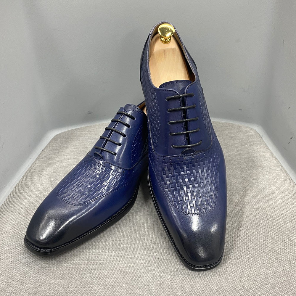 Men's genuine leather oxford shoes pointed toe lace-up black and blue business formal shoes