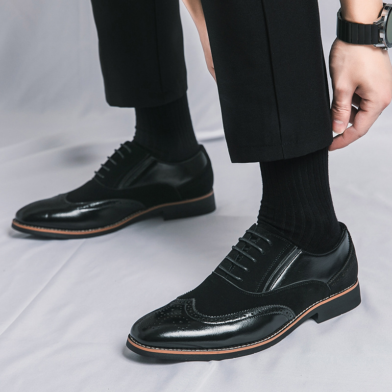 2024 new youth large size leather shoes 38-48 size brogue casual shoes men's British style color matching pointed shoes