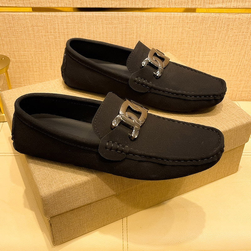 Men's soft-soled suede casual loafers with metal buckles
