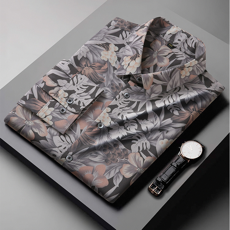 European and American cross-border large size men's long-sleeved printed shirt fat spring and autumn loose casual plus fat plus size shirt