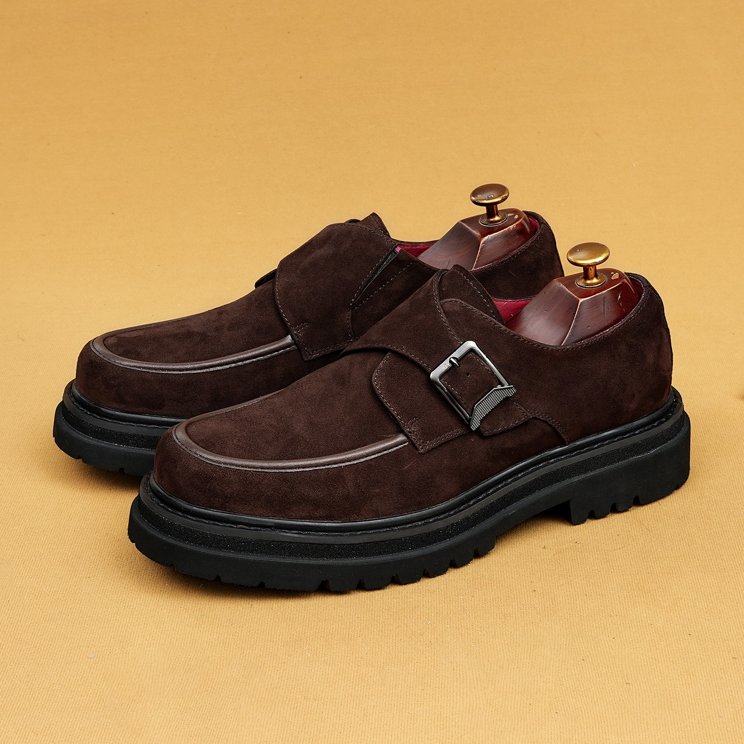 Vintage Suede Monk Strap Chunky Platform Buckle Shoes for Men