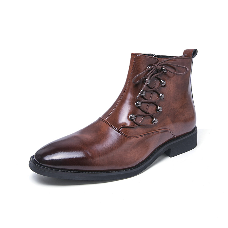 Stylish pointed-toe British-style casual side zipper lace-up men's boots