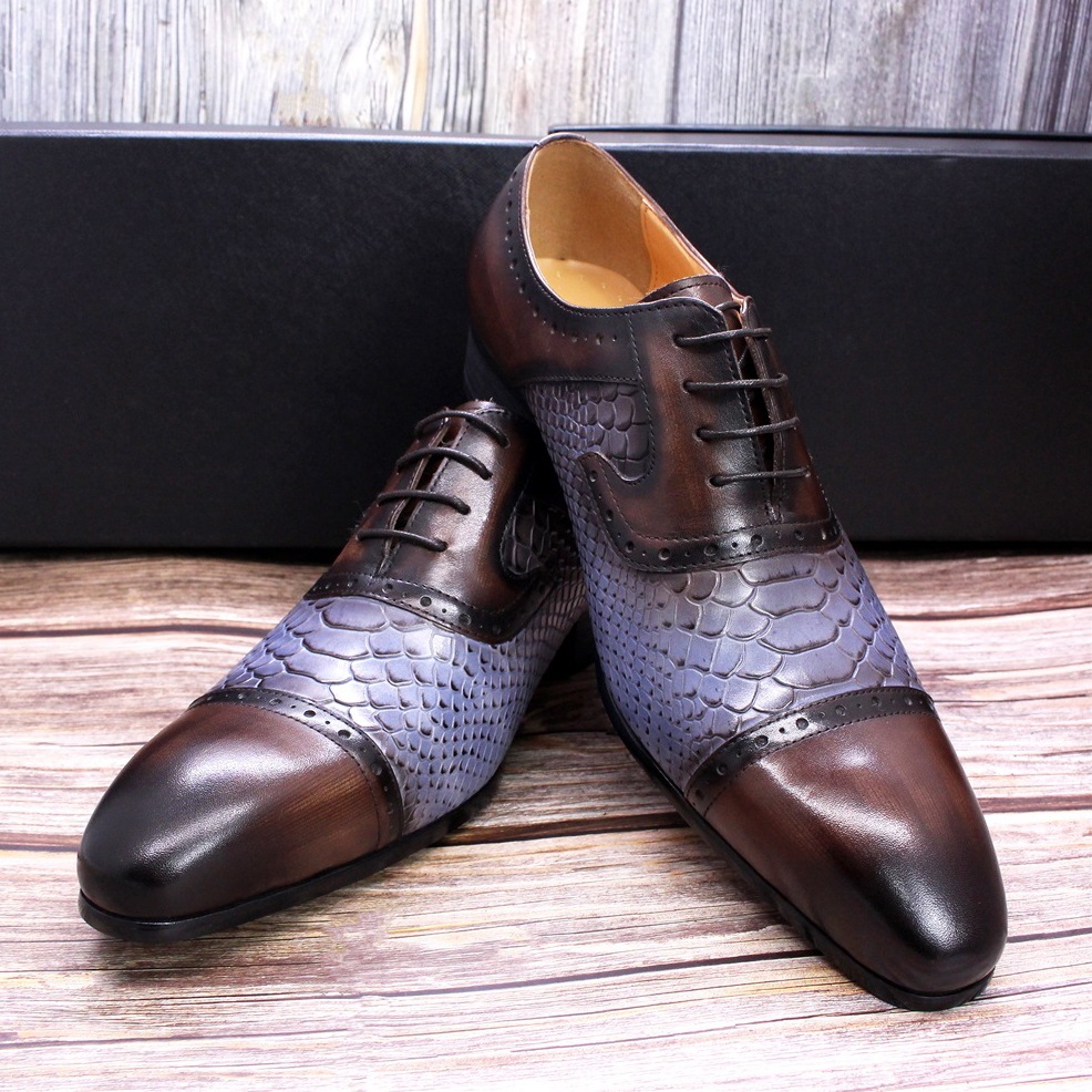Men's leather shoes snake pattern genuine leather pointed toe men's color matching formal men's shoes business casual leather shoes men cross-border hot items