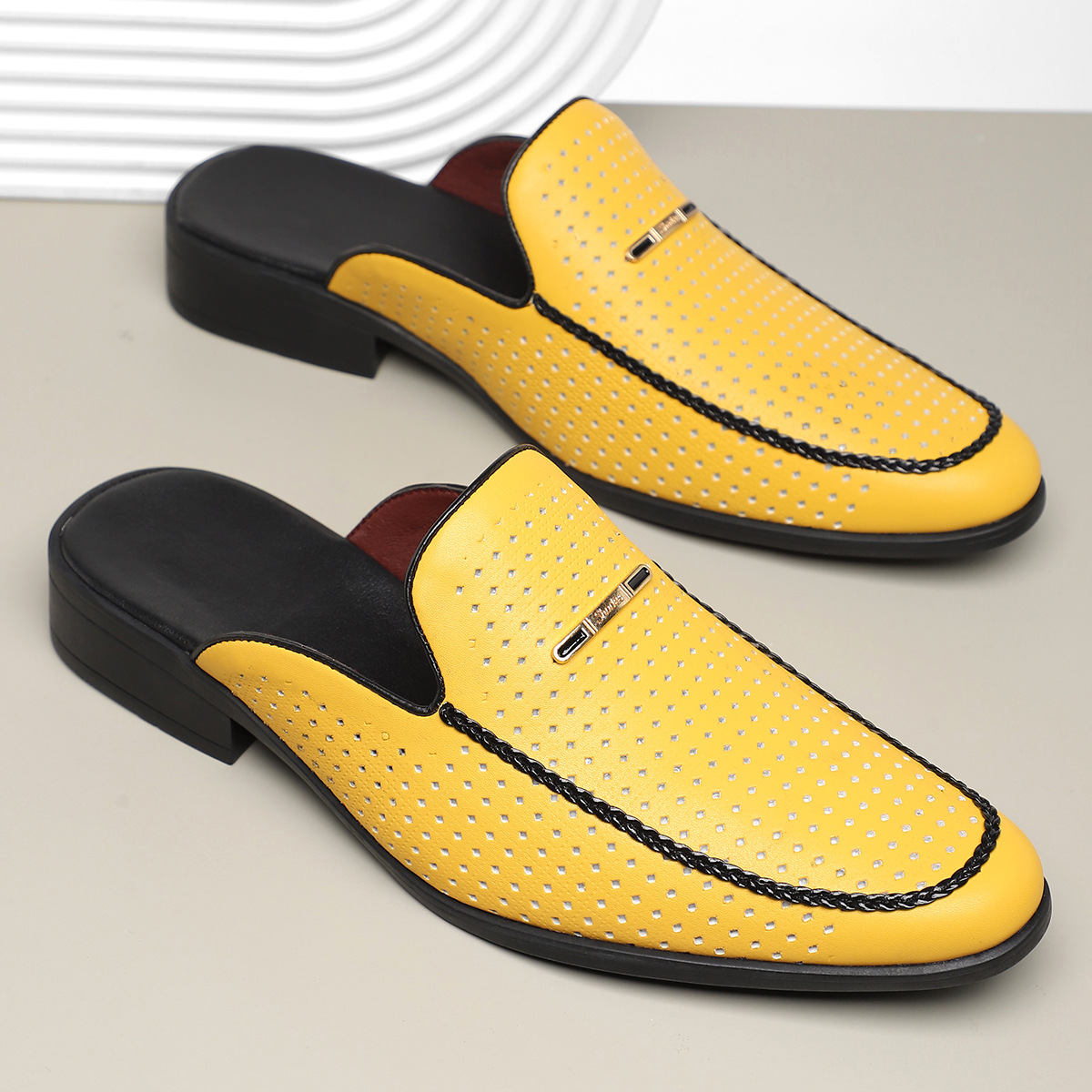 Men's Perforated Mules - Yellow, Black, White