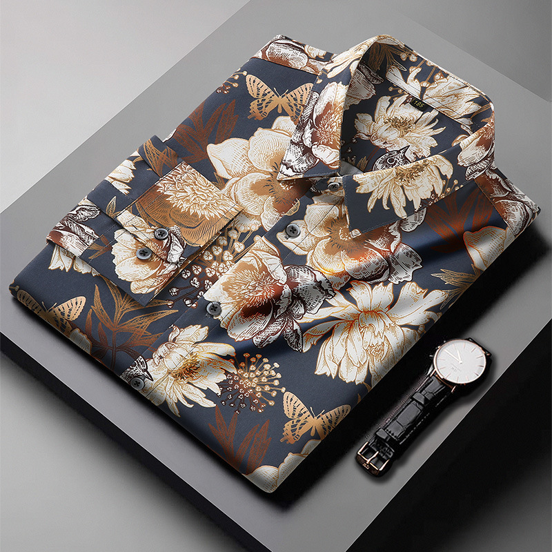 European and American cross-border large size men's long-sleeved printed shirt fat spring and autumn loose casual plus fat plus size shirt