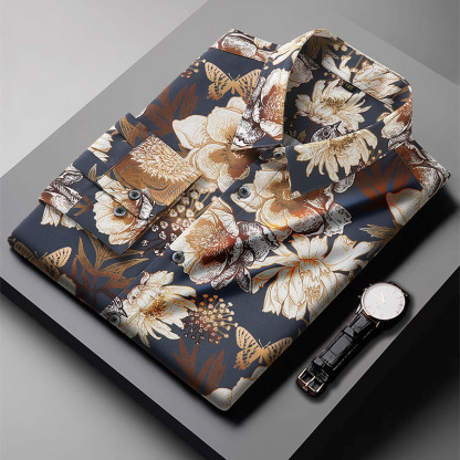 European and American cross-border large size men's long-sleeved printed shirt fat spring and autumn loose casual plus fat plus size shirt
