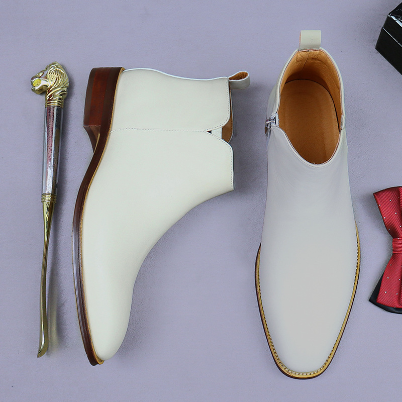 [Big Sale] Business Martin Boots Men's Denim Business High Top Zipper White Fashion Genuine Leather Trendy Chelsea Boots