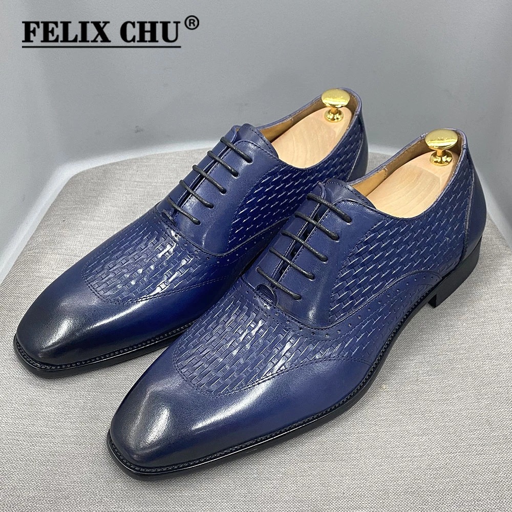 Men's leather shoes genuine leather Oxford shoes pointed toe lace-up high-end woven leather shoes men's black and blue business formal shoes